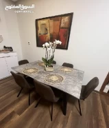 Dining table Grey wood finish with 6 chamois brown chairs