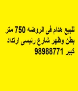 للبيع هدام فى الروضه 750 متر بطن وظهر شارع رئيسى ارتداد كبير 98988771